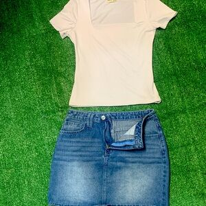 Chic White Top and Denim Skirt Set